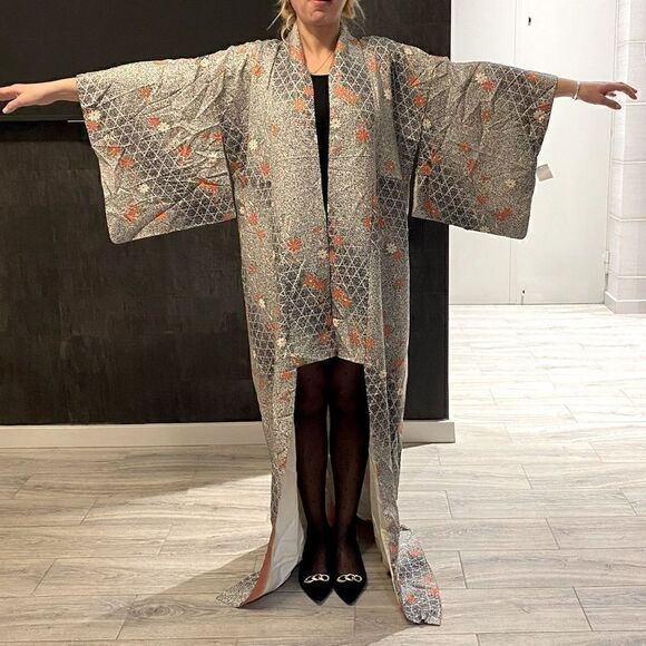 Long dress Kimono 👘 floral silk chiffon fabric - Picture 1 of 14